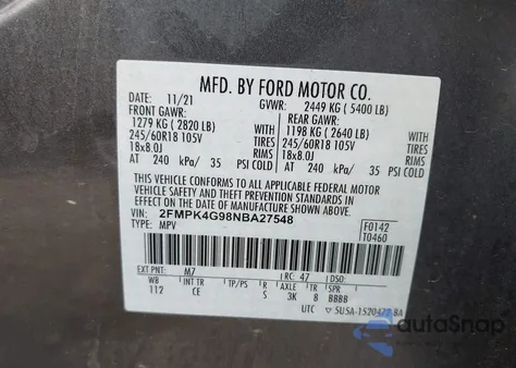 2022 Ford Edge Se из США, поврежденный, VIN 2FMPK4G98NBA27548